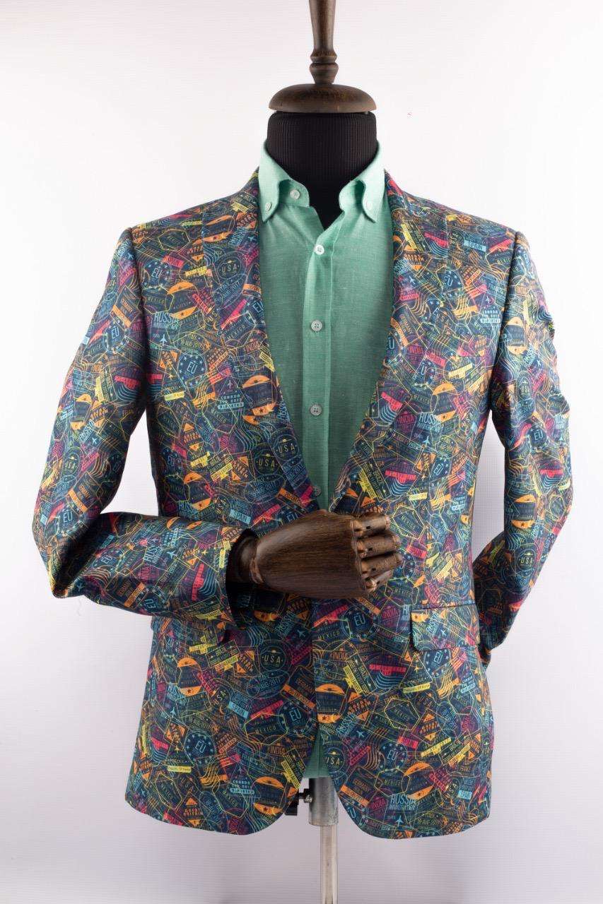 Multicolor Travel Stamp Print Blazer for Men