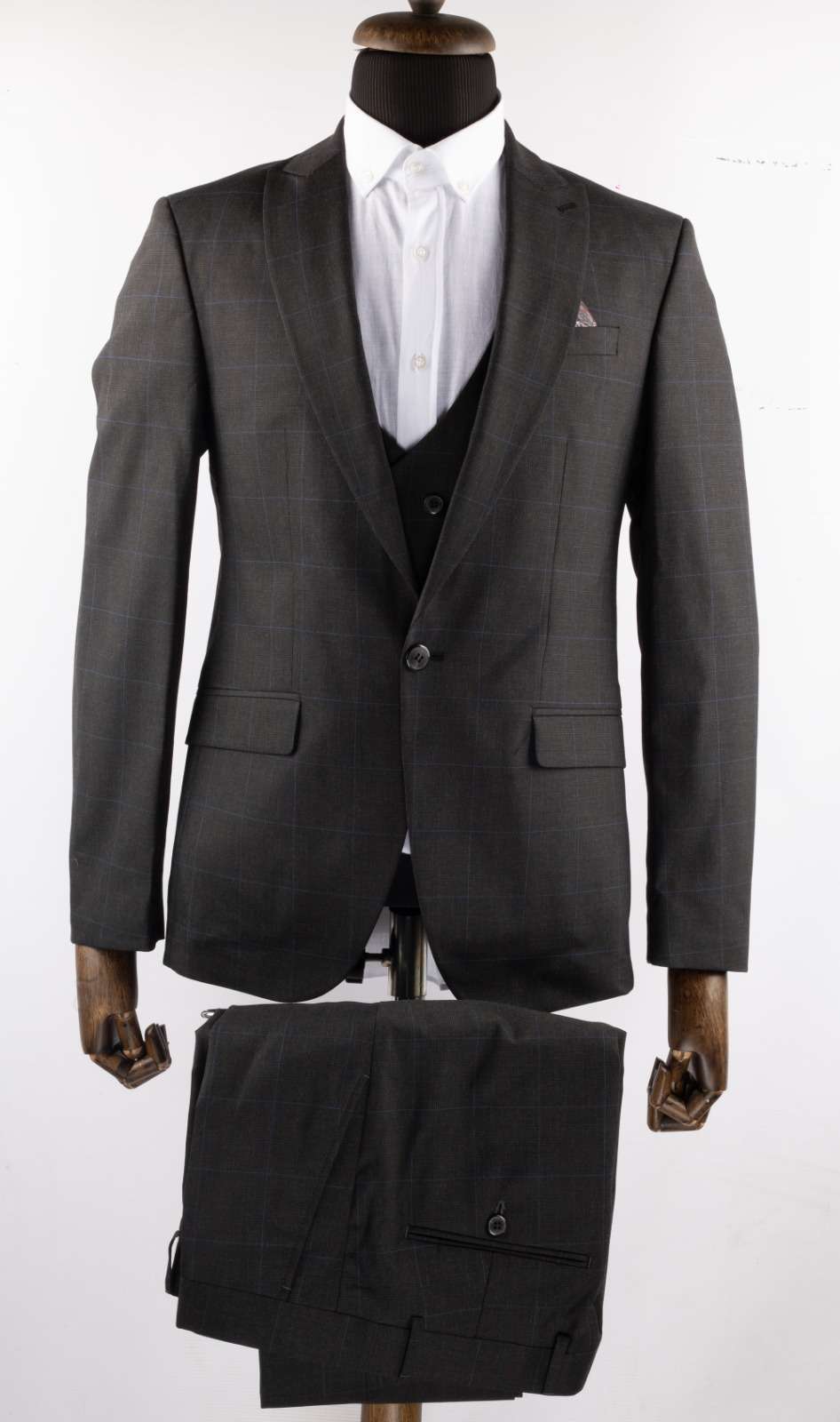 Men's Charcoal Plaid Three Piece Suit for Business and Formal Occasions
