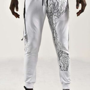 Calvano Men's White Jogger Pants with Geometric Print Sleek and Modern Athletic Pants