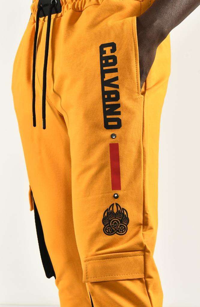 Calvano Men's Yellow Jogger Pants with Bold Logo and Bear Paw Design Standout Streetwear Style